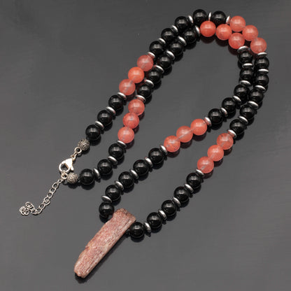 Natural Cherry Quartz Sliced Pendant, Natural Cherry Quartz& Black Onyx Beaded Necklace