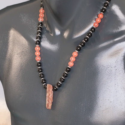 Natural Cherry Quartz Sliced Pendant, Natural Cherry Quartz& Black Onyx Beaded Necklace