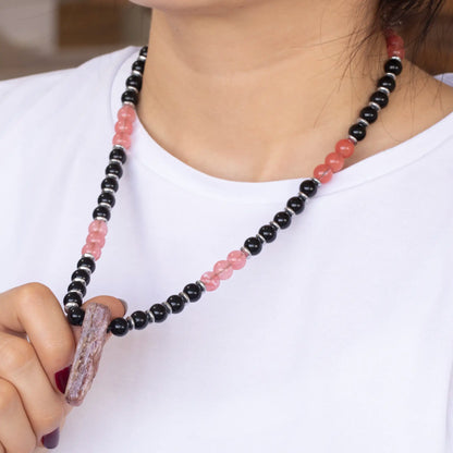 Natural Cherry Quartz Sliced Pendant, Natural Cherry Quartz& Black Onyx Beaded Necklace