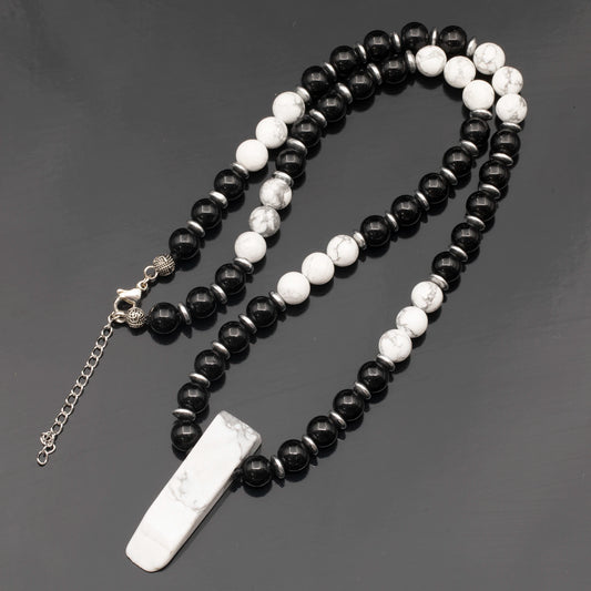 Natural Howlite Sliced Pendant, Natural Howlite & Black Onyx Beaded Necklace