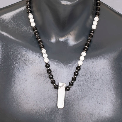 Natural Howlite Sliced Pendant, Natural Howlite & Black Onyx Beaded Necklace