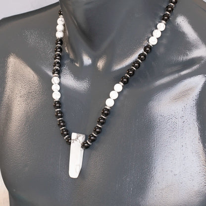 Natural Howlite Sliced Pendant, Natural Howlite & Black Onyx Beaded Necklace