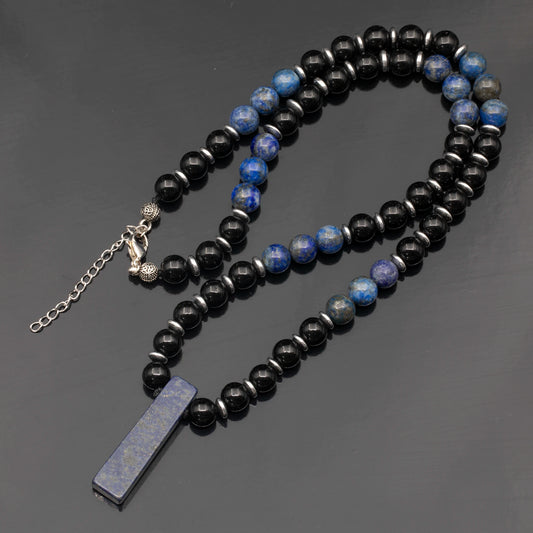 Natural Lapis Lazuli Sliced Pendant, Natural Lapis Lazuli & Black Onyx Beaded Necklace