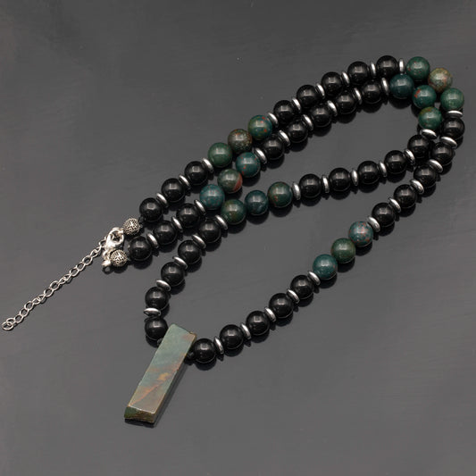 Natural Bloodstone Sliced Pendant, Natural Bloodstone & Black Onyx Beaded Necklace