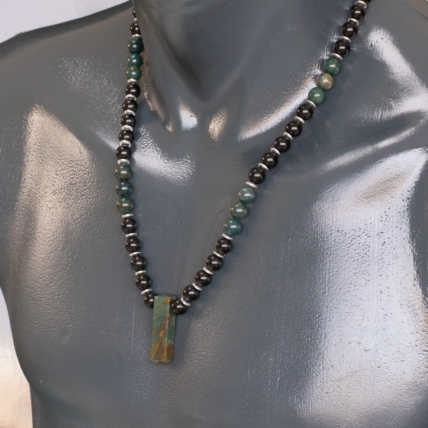 Natural Bloodstone Sliced Pendant, Natural Bloodstone & Black Onyx Beaded Necklace