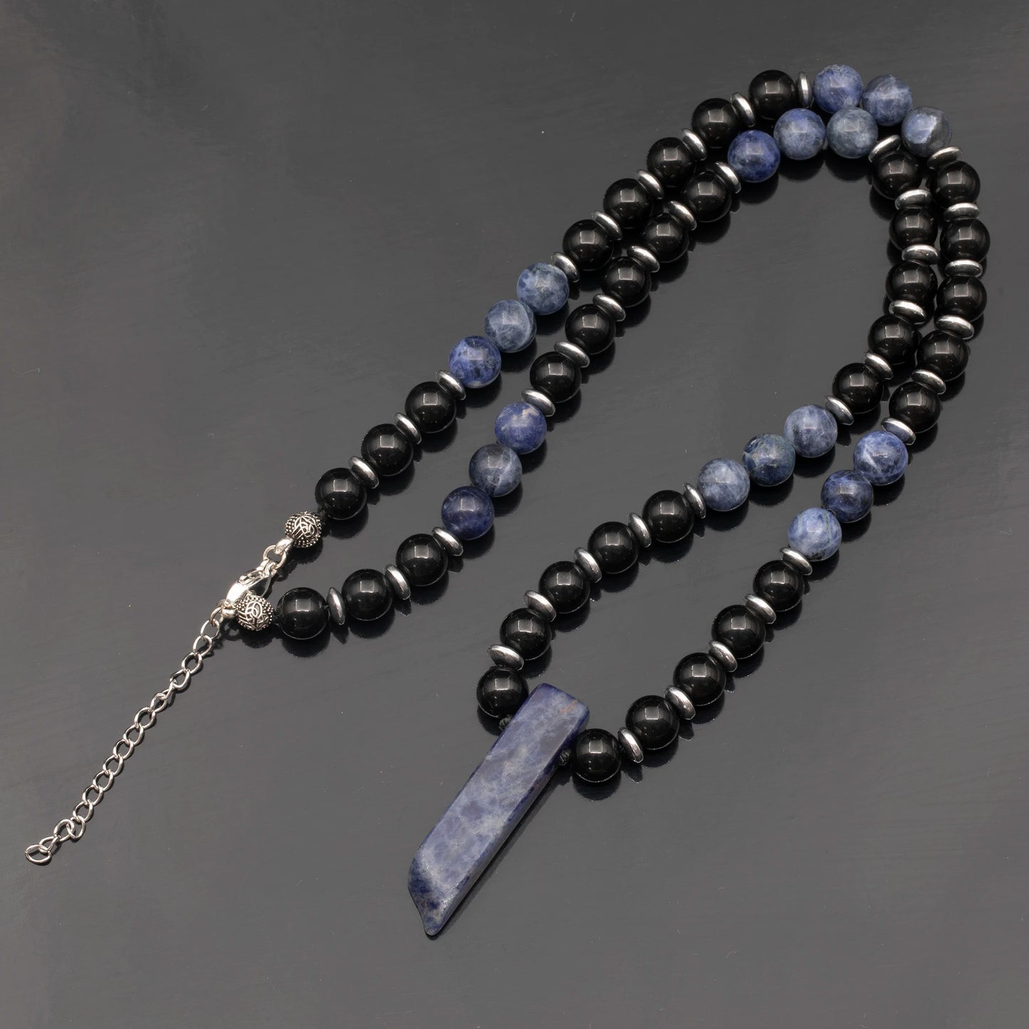 Natural Sodalite Sliced Pendant, Natural Sodalite & Black Onyx Beaded Necklace