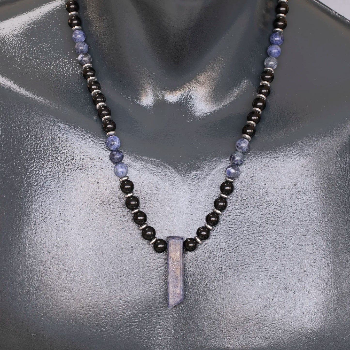 Natural Sodalite Sliced Pendant, Natural Sodalite & Black Onyx Beaded Necklace