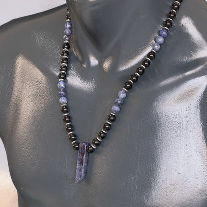 Natural Sodalite Sliced Pendant, Natural Sodalite & Black Onyx Beaded Necklace