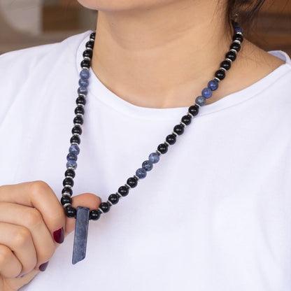 Natural Sodalite Sliced Pendant, Natural Sodalite & Black Onyx Beaded Necklace