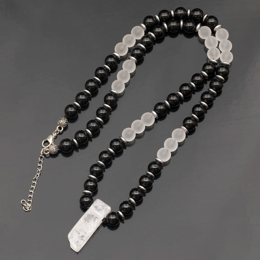 Natural Quartz Sliced Pendant, Natural Matte Quartz & Black Onyx Beaded Necklace