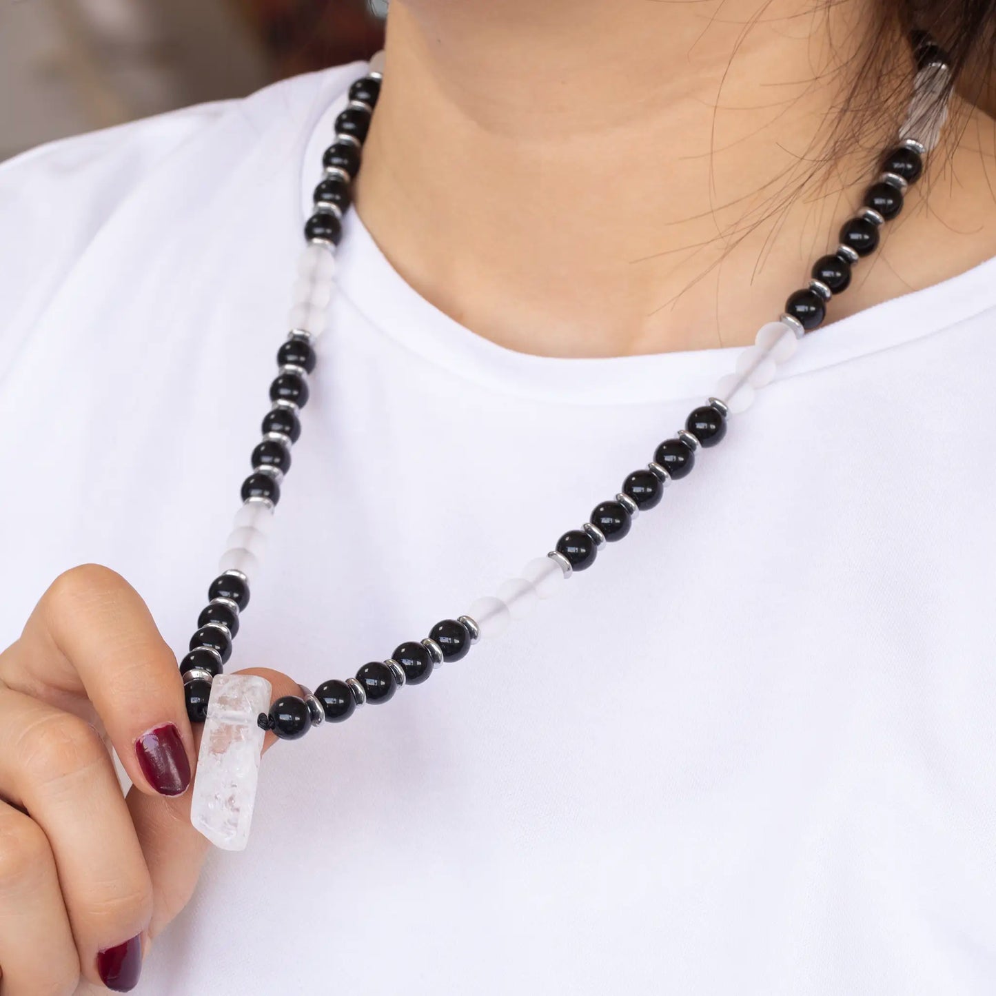 Natural Quartz Sliced Pendant, Natural Matte Quartz & Black Onyx Beaded Necklace