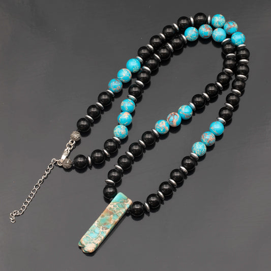 Natural Blue Imperial Jasper Sliced Pendant, Natural Blue Imperial Jasper & Black Onyx Beaded Necklace