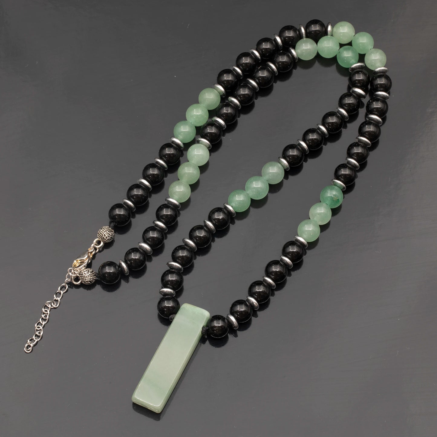 Natural Green Aventurine Sliced Pendant, Natural Green Aventurine & Black Onyx Beaded Necklace