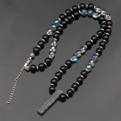 Natural Kyanite Sliced Pendant, Natural Blue Aura Quartz & Black Onyx Beaded Necklace