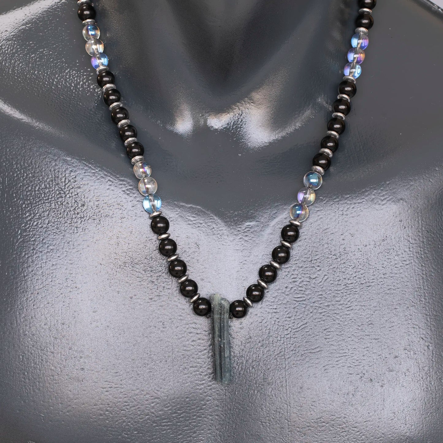 Natural Kyanite Sliced Pendant, Natural Blue Aura Quartz & Black Onyx Beaded Necklace