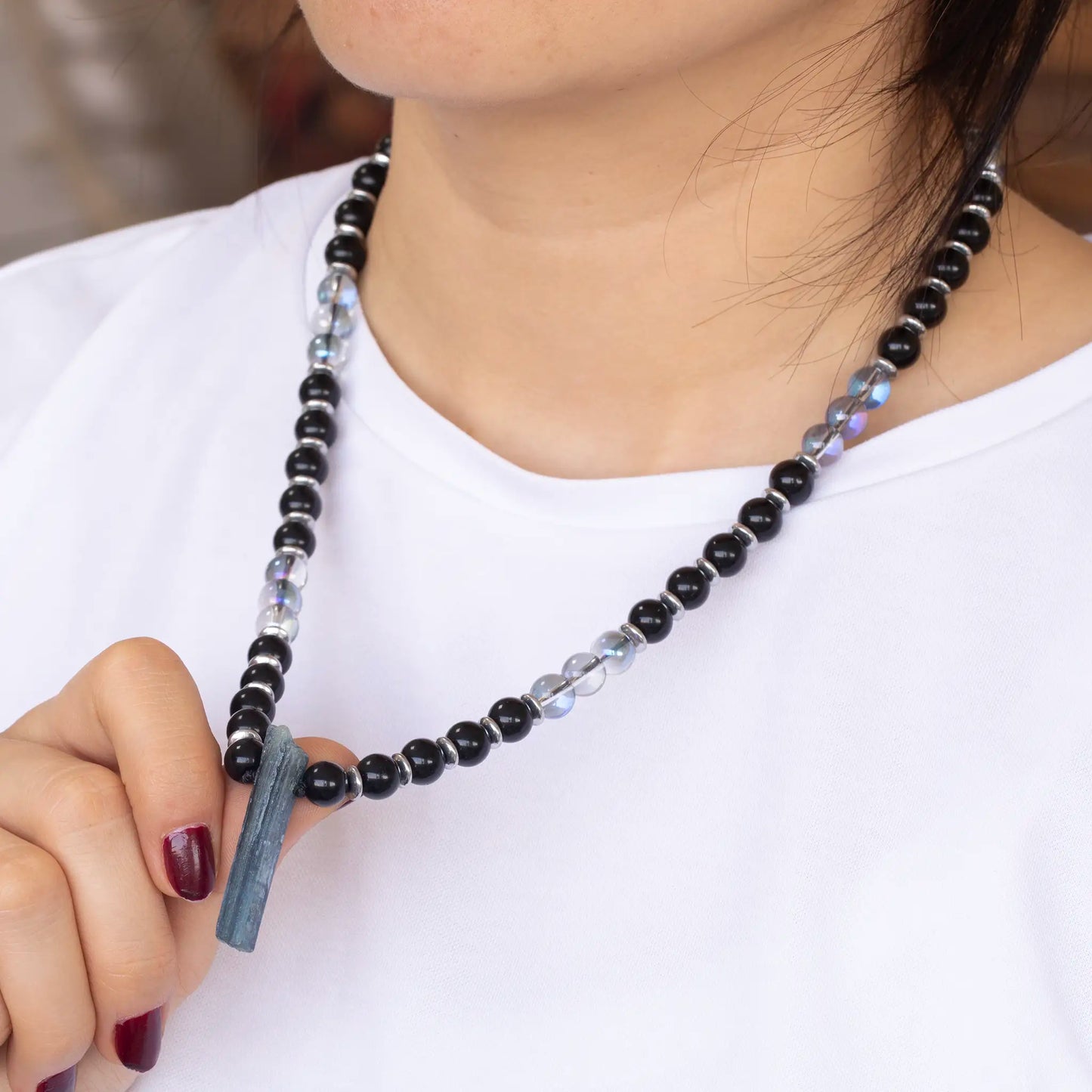 Natural Kyanite Sliced Pendant, Natural Blue Aura Quartz & Black Onyx Beaded Necklace