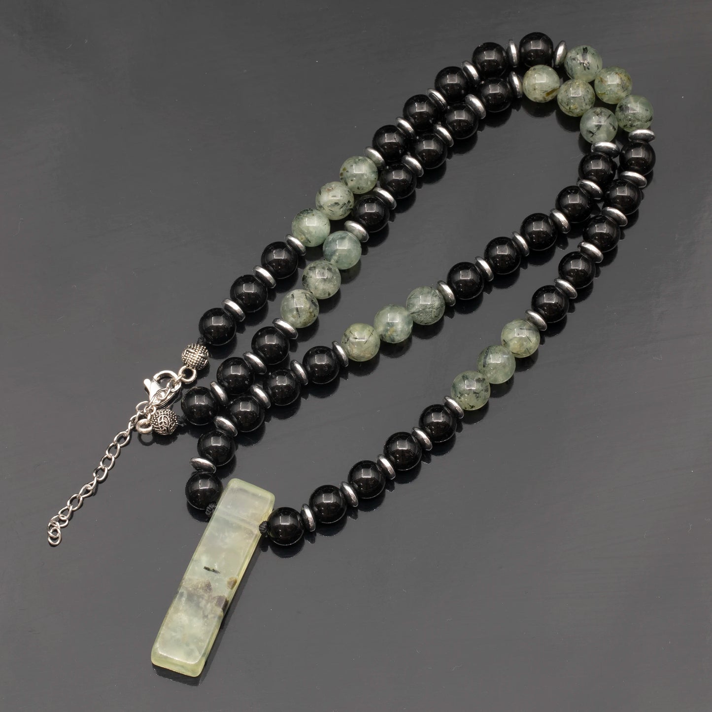 Natural Prehnite Sliced Pendant, Natural Prehnite & Black Onyx Beaded Necklace