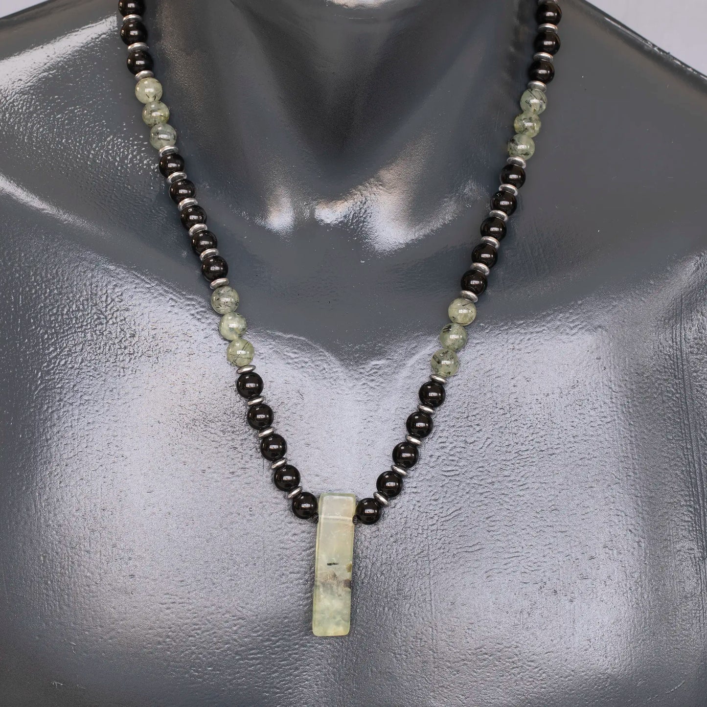 Natural Prehnite Sliced Pendant, Natural Prehnite & Black Onyx Beaded Necklace