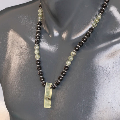 Natural Prehnite Sliced Pendant, Natural Prehnite & Black Onyx Beaded Necklace