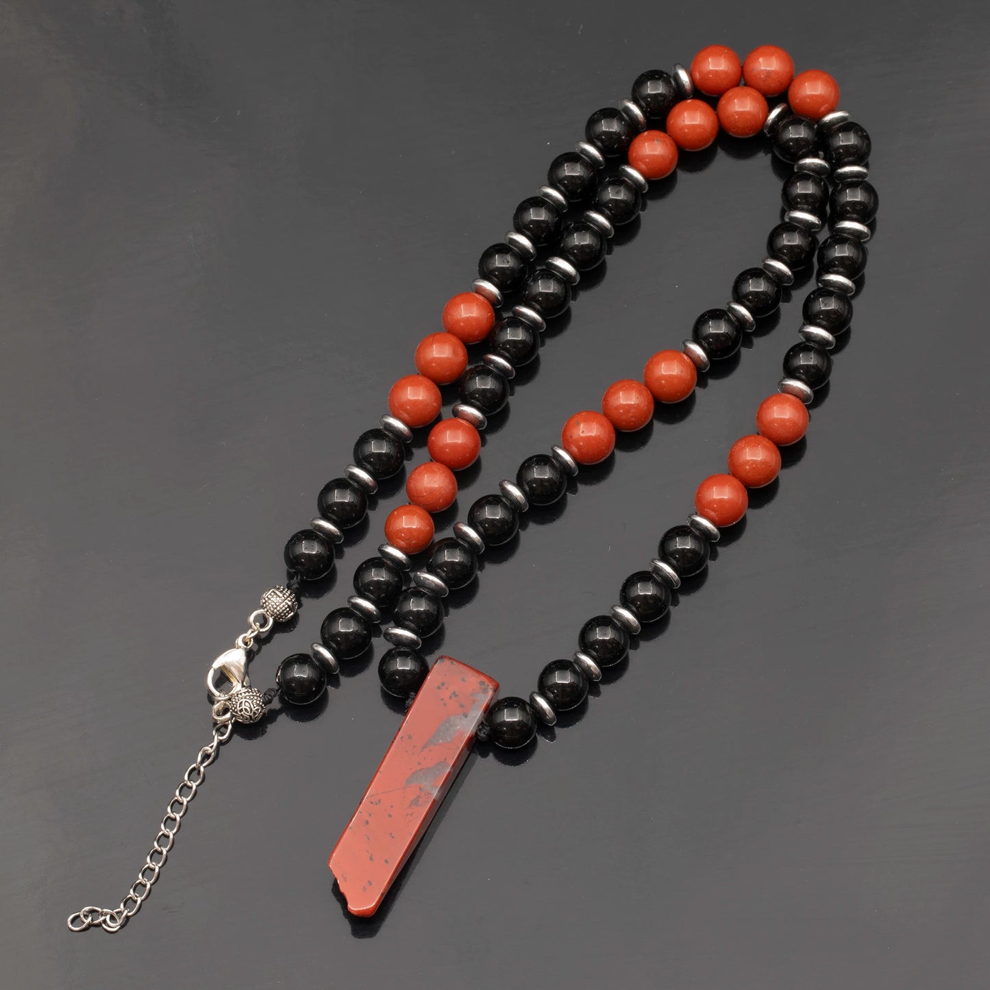 Natural Red Jasper Sliced Pendant, Natural Red Jasper & Black Onyx Beaded Necklace