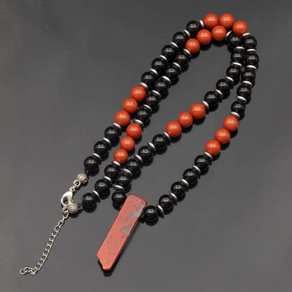 Natural Red Jasper Sliced Pendant, Natural Red Jasper & Black Onyx Beaded Necklace