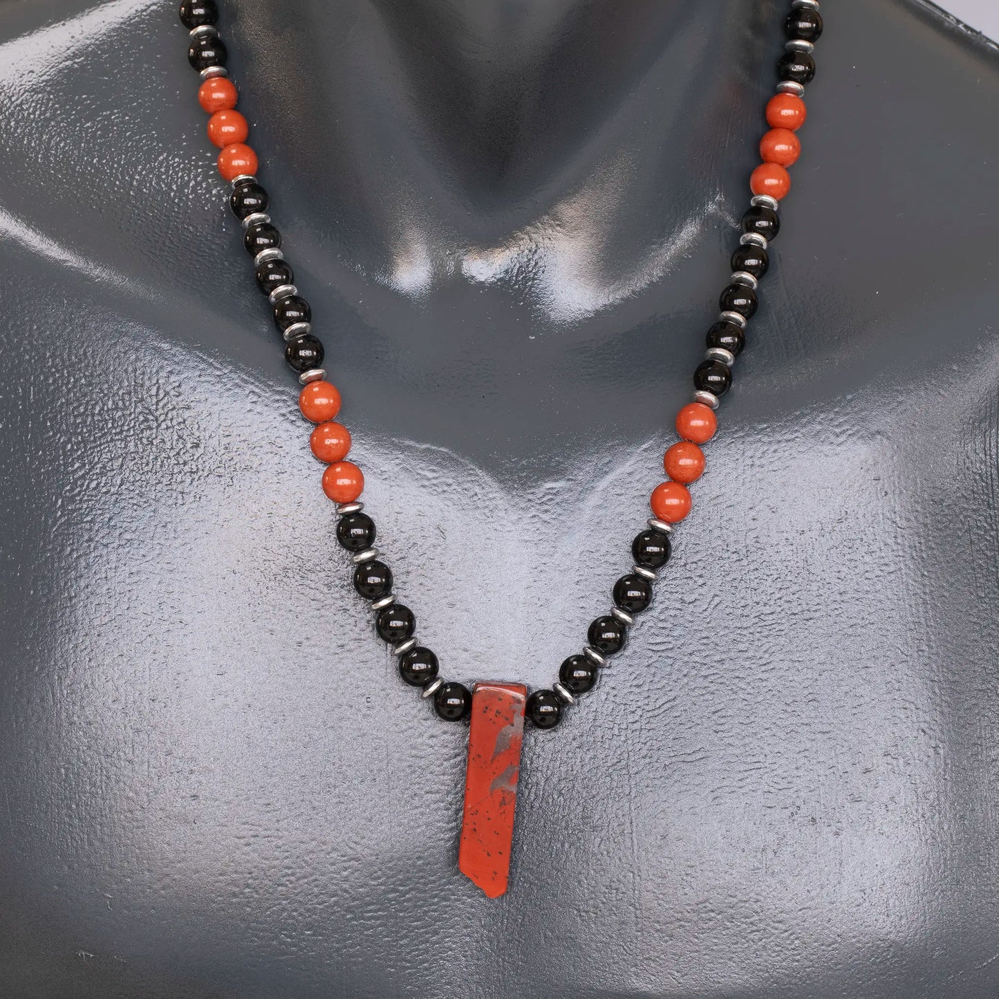 Natural Red Jasper Sliced Pendant, Natural Red Jasper & Black Onyx Beaded Necklace