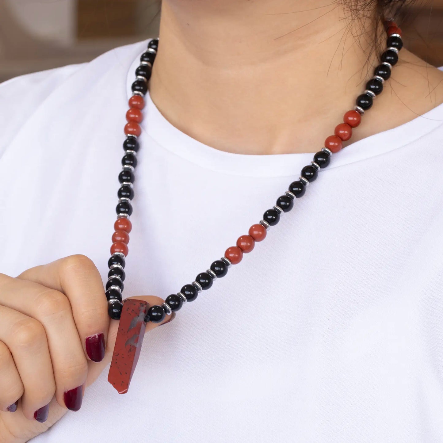 Natural Red Jasper Sliced Pendant, Natural Red Jasper & Black Onyx Beaded Necklace