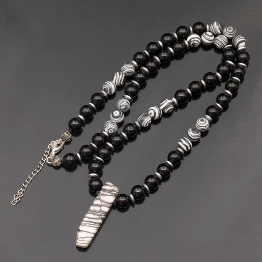 Natural Zebra Jasper Sliced Pendant, Natural Black Fordite & Black Onyx Beaded Necklace