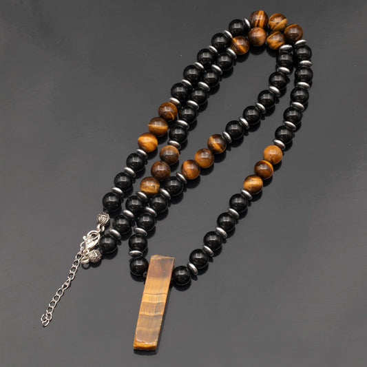 Natural Tiger Eye Sliced Pendant, Natural Tiger Eye & Black Onyx Beaded Necklace