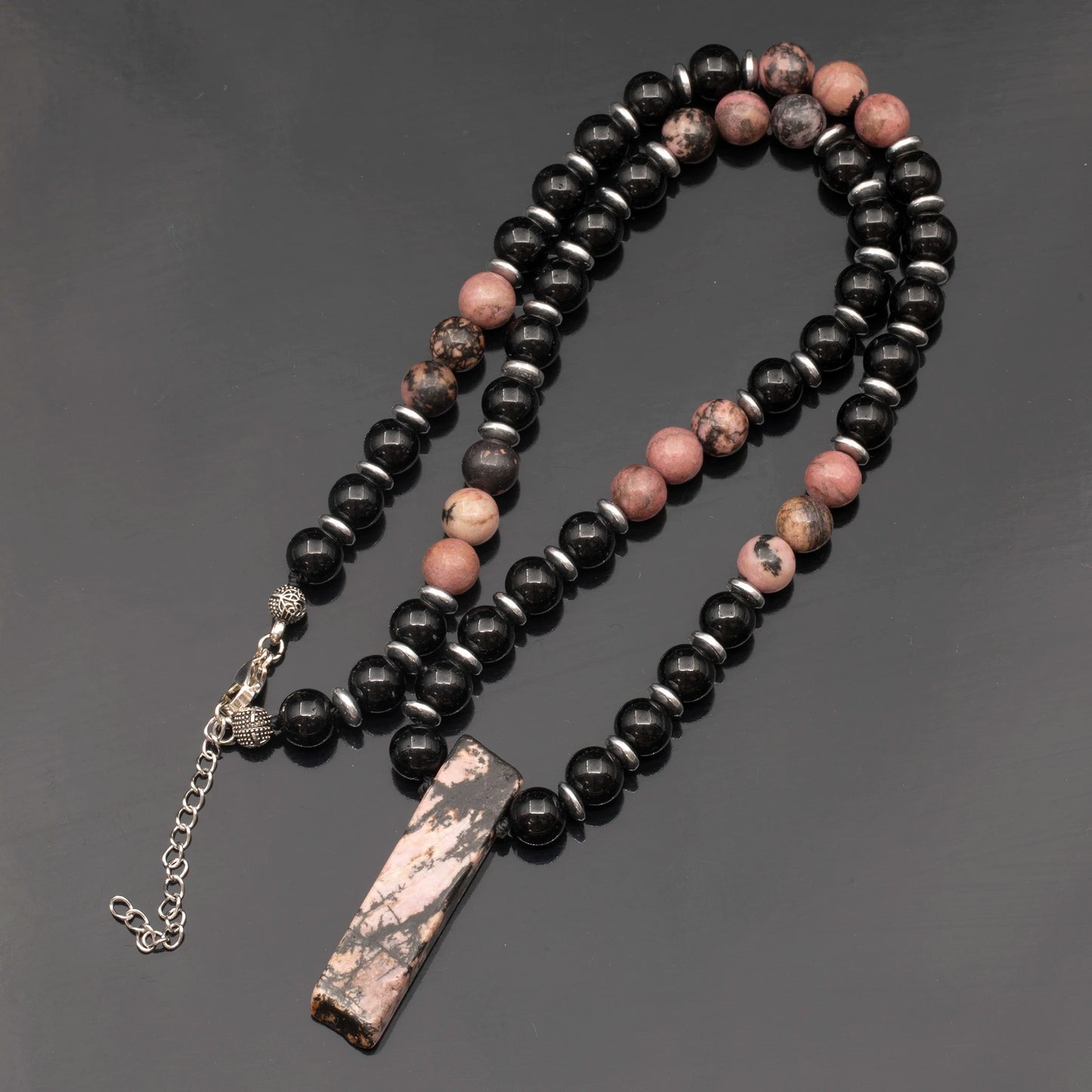 Natural Rhodonite Sliced Pendant, Natural Rhodonite & Black Onyx Beaded Necklace