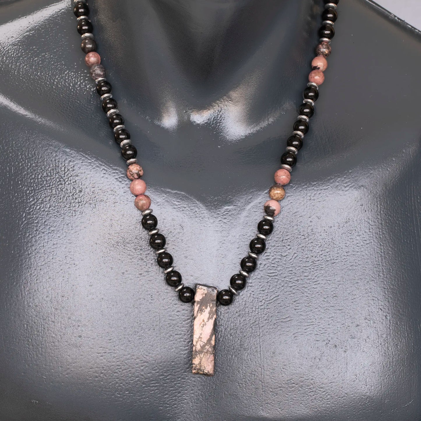 Natural Rhodonite Sliced Pendant, Natural Rhodonite & Black Onyx Beaded Necklace