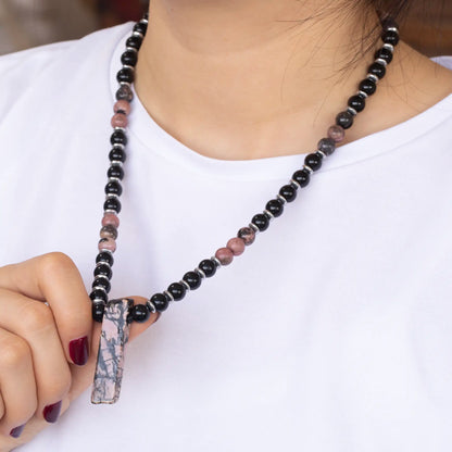 Natural Rhodonite Sliced Pendant, Natural Rhodonite & Black Onyx Beaded Necklace