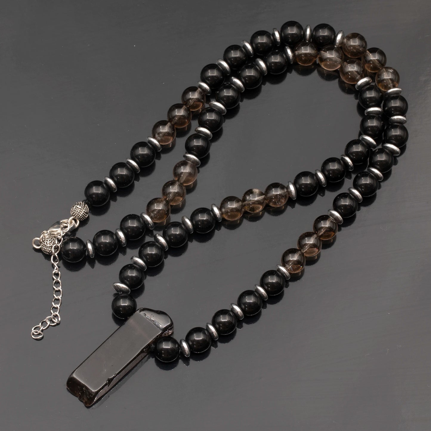 Natural Smoky Quartz Sliced Pendant, Natural Smoky Quartz & Black Onyx Beaded Necklace