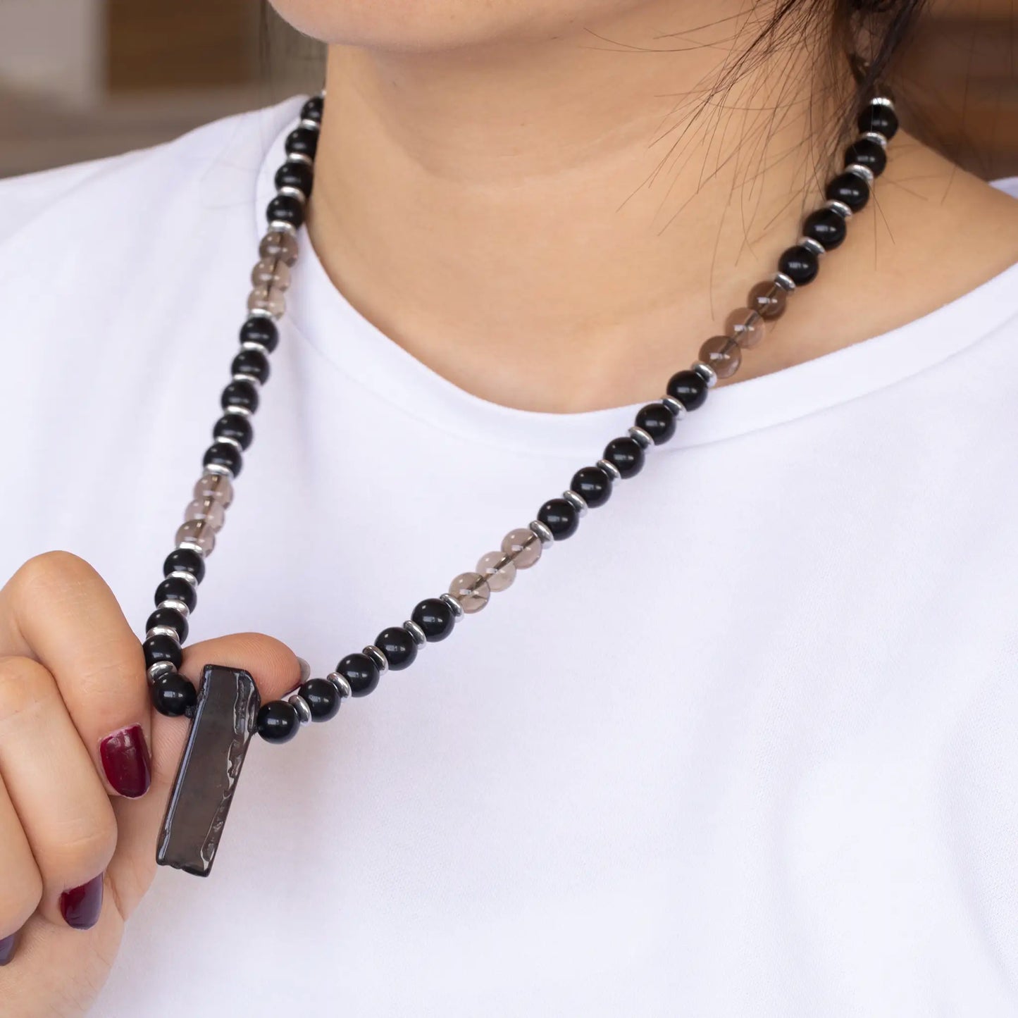 Natural Smoky Quartz Sliced Pendant, Natural Smoky Quartz & Black Onyx Beaded Necklace