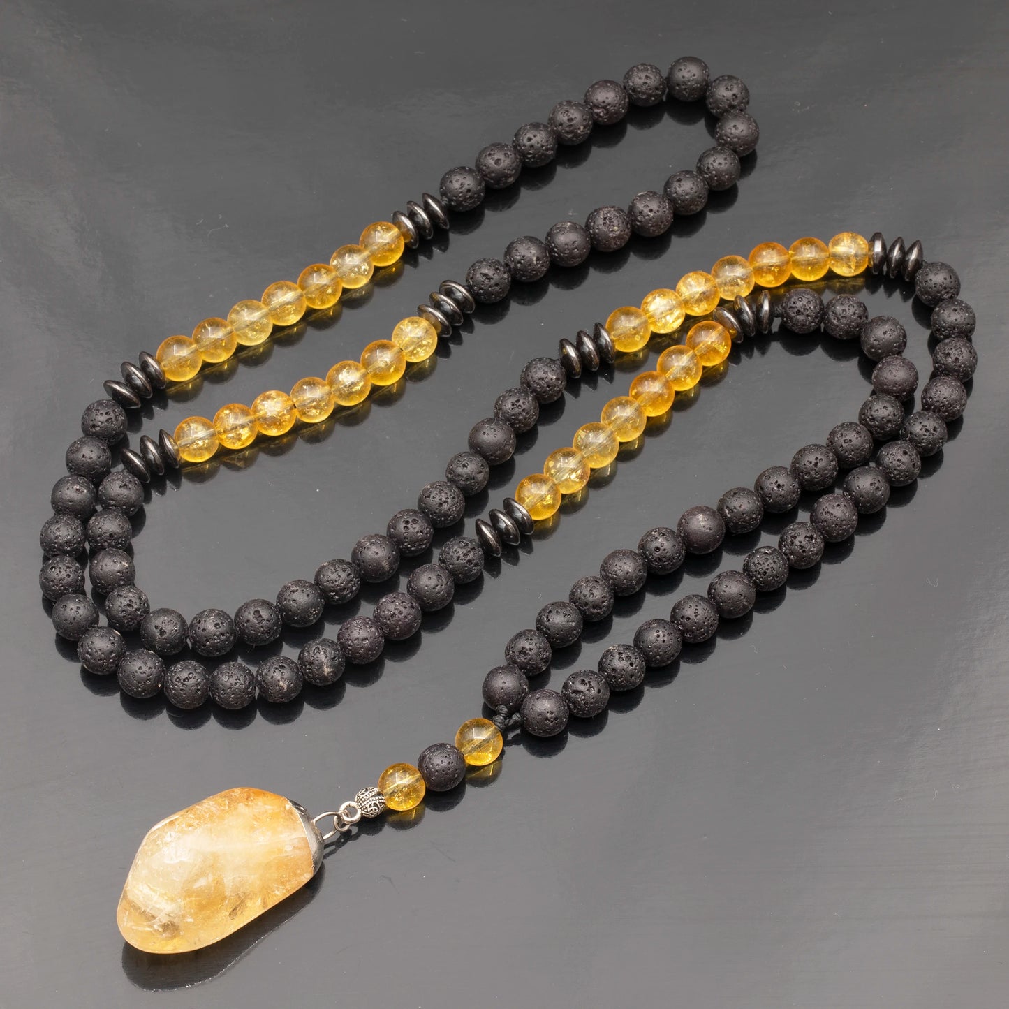 Natural Tumbled Citrine Pendant, Citrine & Lava Stone Beaded 108 Mala Necklace