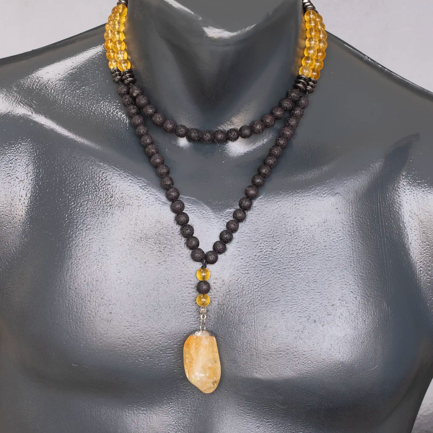 Natural Tumbled Citrine Pendant, Citrine & Lava Stone Beaded 108 Mala Necklace