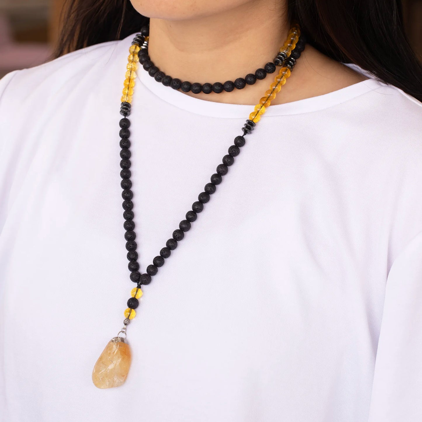 Natural Tumbled Citrine Pendant, Citrine & Lava Stone Beaded 108 Mala Necklace