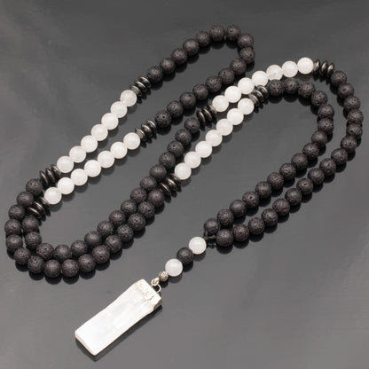 Natural Raw Selenite Pendant, Selenite & Lava Stone Beaded 108 Mala Necklace