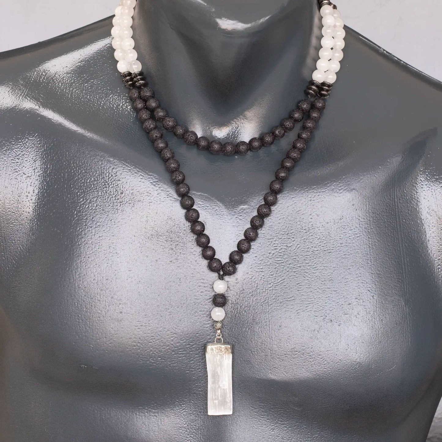 Natural Raw Selenite Pendant, Selenite & Lava Stone Beaded 108 Mala Necklace