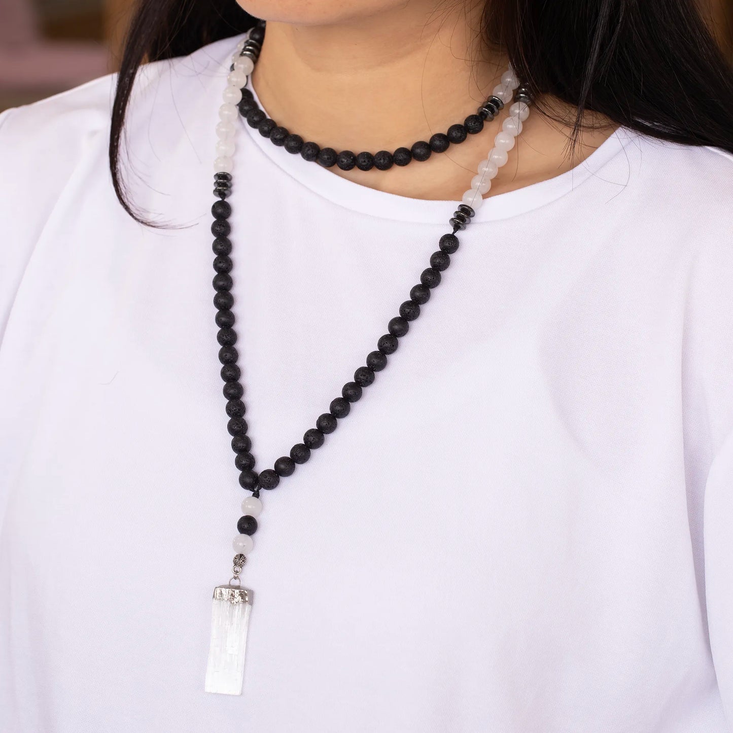 Natural Raw Selenite Pendant, Selenite & Lava Stone Beaded 108 Mala Necklace