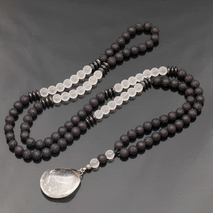 Natural Tumbled Clear Quartz Pendant, Matte Quartz & Lava Stone Beaded 108 Mala Necklace