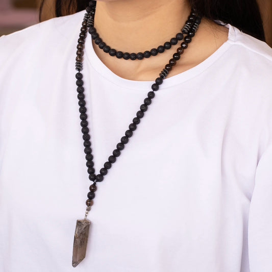 Natural Raw Smoky Quartz Pendant, Smoky Quartz & Lava Stone Beaded 108 Mala Necklace