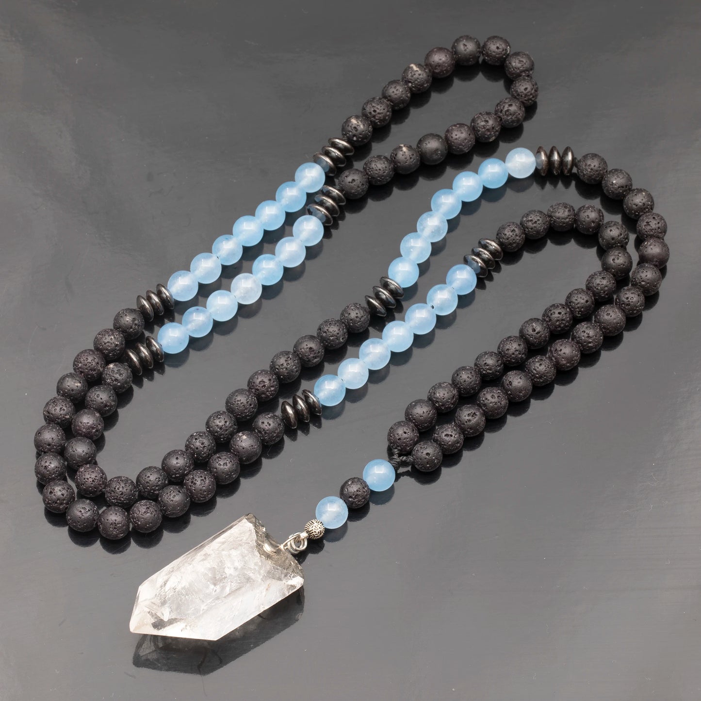 Natural Raw Clear Quartz Pendant, Angelite & Lava Stone Beaded 108 Mala Necklace