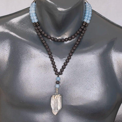 Natural Raw Clear Quartz Pendant, Angelite & Lava Stone Beaded 108 Mala Necklace