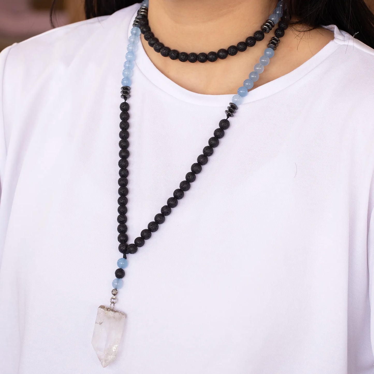 Natural Raw Clear Quartz Pendant, Angelite & Lava Stone Beaded 108 Mala Necklace