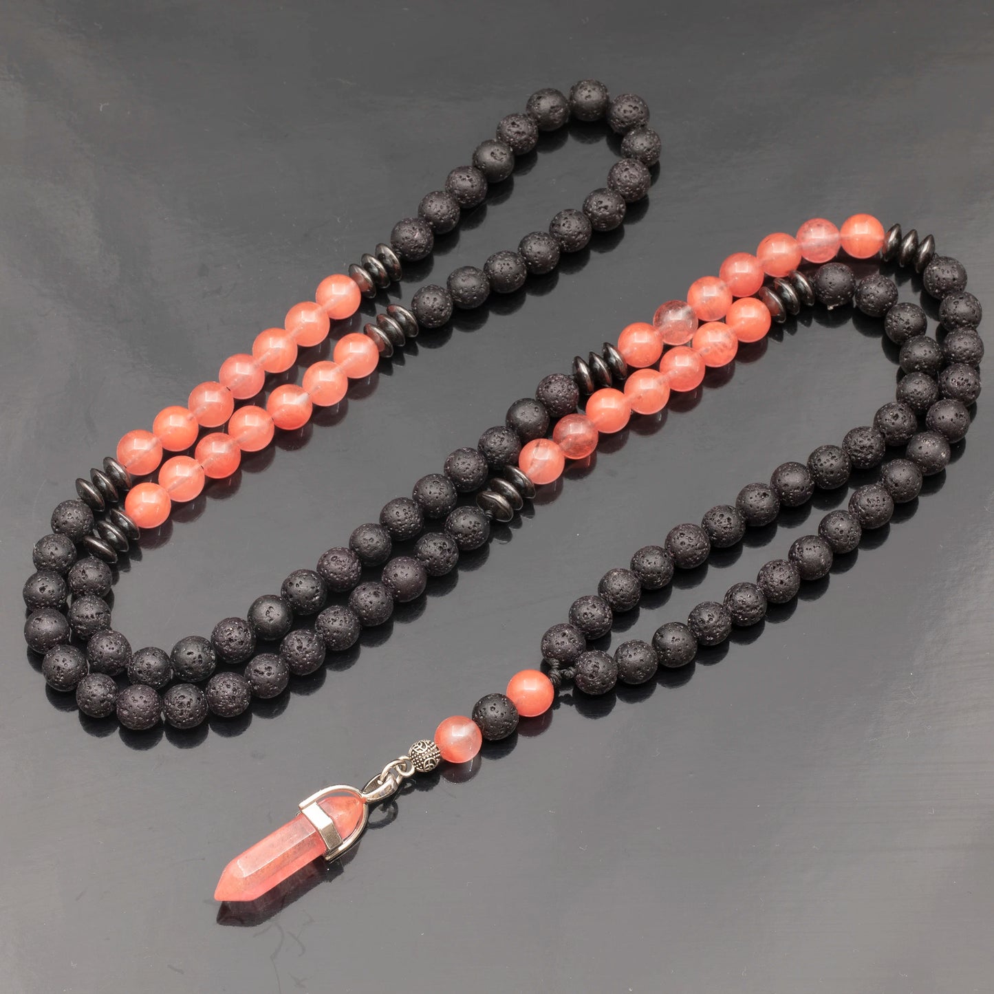 Natural Pointed Cherry Quartz Pendant, Cherry Quartz & Lava Stone Beaded 108 Mala Necklace