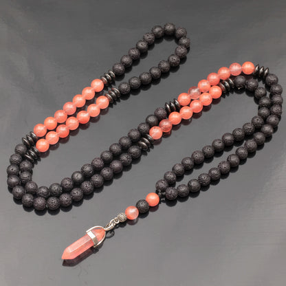 Natural Pointed Cherry Quartz Pendant, Cherry Quartz & Lava Stone Beaded 108 Mala Necklace