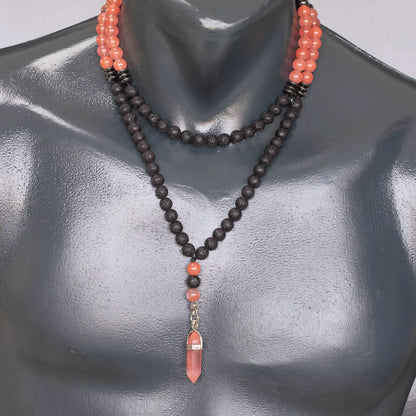 Natural Pointed Cherry Quartz Pendant, Cherry Quartz & Lava Stone Beaded 108 Mala Necklace