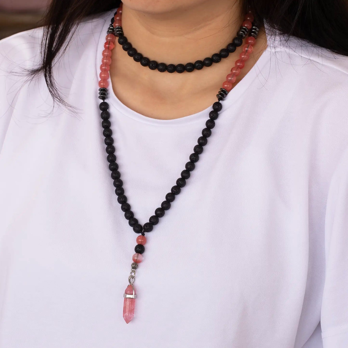 Natural Pointed Cherry Quartz Pendant, Cherry Quartz & Lava Stone Beaded 108 Mala Necklace