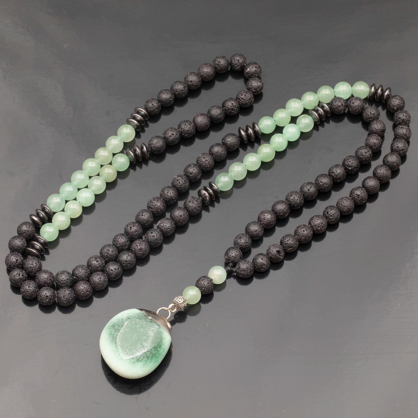 Natural Tumbled Green Aventurine Pendant, Green Aventurine & Lava Stone Beaded 108 Mala Necklace